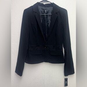 NEW BCX Medium Stripe Button Down Lined Blazer Jacket Black With Floral Middle
